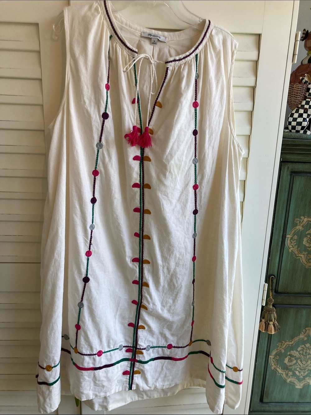 Madewell White Sleeveless Embroidered Boho Tunic with Pink & Green Accents